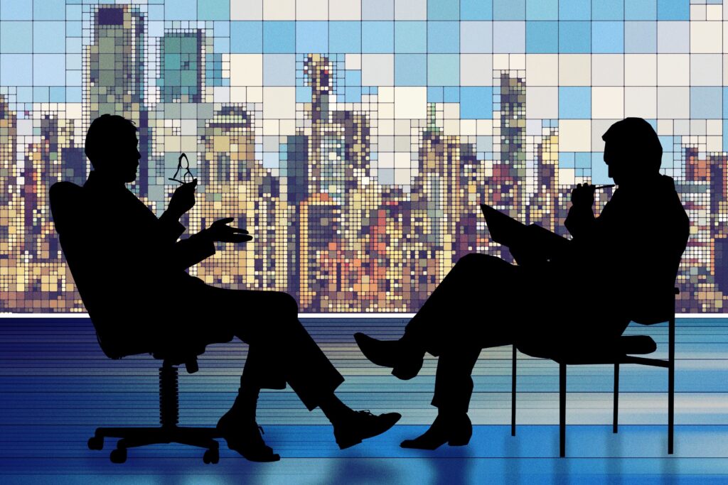 illustration of a silhouette of two businessmen having a meeting with a cityscape in the background